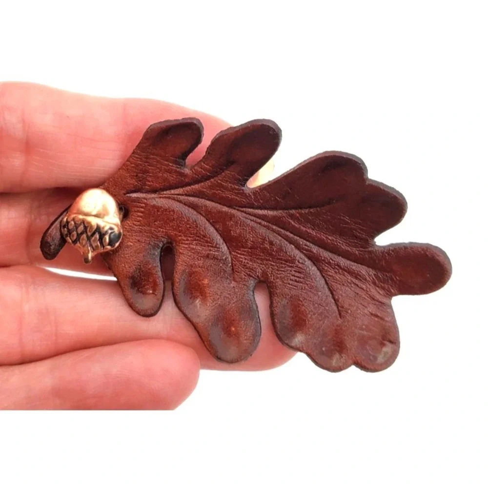 Vintage Oak Leaf & Acorn Leather & Gold Tone Brooch Pin